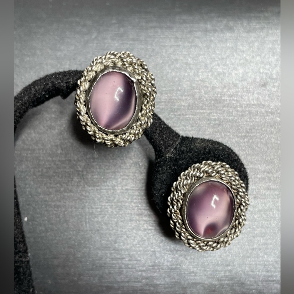 Purple Satin Glass On 900 Silver With Sterling Screw backs Vintage